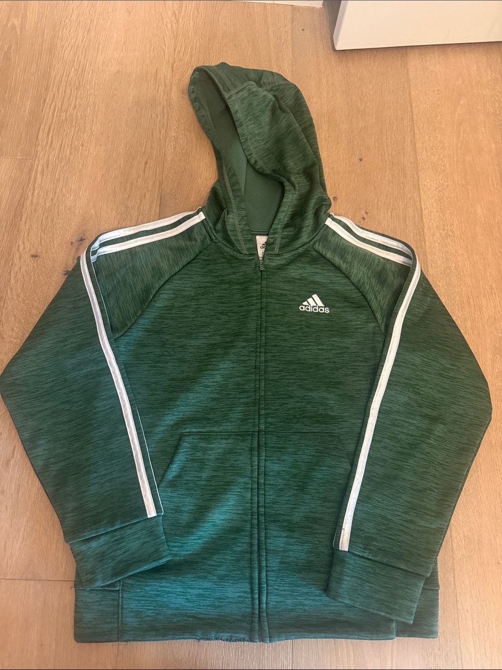 adidas Kids Green Hooded Full-Zip Sweatshirt with White Stripes